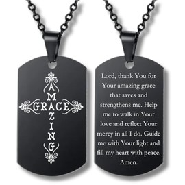Grace Amazing Cross with Prayer Necklace, Stainless Steel Engraved Tag (Black Color, 20")