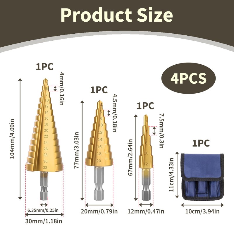 3pcs HSS Step Drill Bits Set, Titanium Step Drill Bits,