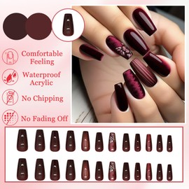 24Pcs Dark Red French Press on Nails, Medium Long Coffin False Nails, Removable Full Cover Stick on Nails in 12 Sizes, Natural Solid Color Manicure Kit for Women Girls Daily Party Wear