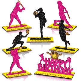 7 Pcs Softball Party Table Decoration Wooden Softball Table Centerpieces Birthday Party Table Signs Team Softballs Player Silhouette Centerpieces for Birthday Party Supplies
