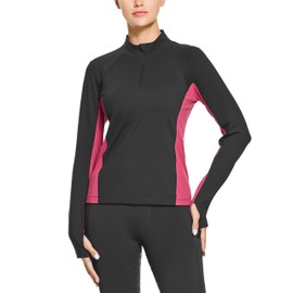 FitsT4 Sports Women's Thermal Fleece Lined Equestrian Shirt Half Zip Running Pullover Athletic Ski Shirt with Thumbholes Black XL