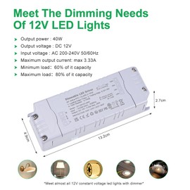 REYLAX LED Driver 12V Dimmable Triac, 40W 3.33A Transformer 240 to 12V, Constant Voltage Thin Power Supply, High Power Factor, Low Voltage Transformer for LED Applications