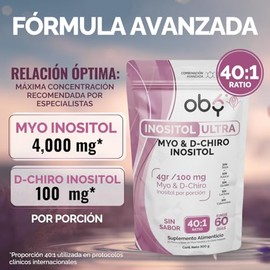 Oby Inositol Ultra | 4100 mg porción | Myo & D-Chiro Ratio 40:1 | 120 tomas | Myo Inositol Oby Ultra Puro PREMIUM | Polvo 300 g