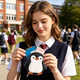 Cartera Tarjetas Diseño Acordeón con Cremallera de Piel PU Pingüino