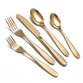 Gold Hammered Silverware Set, 20 Piece Stainless Steel Heavy Duty Flatware Set for 4, Food-Grade Tableware Cutlery Set for Home Restaurant, Mirror Polished, Dishwasher Safe