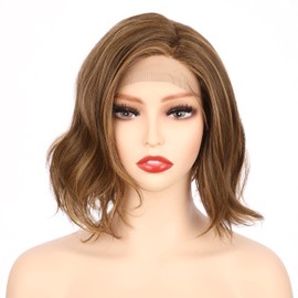 Onedor 10 Inch Lace Front Short Wavy Hair Bob Wigs for Women (Light Brown Evenly Blended with Dark Natural Blonde-RL12/16)