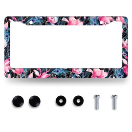 Tropical Pink Flowers Leaves License Plate Frame Hibiscus License Plate Holder for Front and Rear Car Tags Stainless Steel Funny License Plate Car Decoration with Screws 12.2" x 6.2"