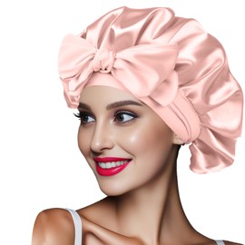 Satin Silk Bonnet for Sleeping Women Double Layer Satin Bonnet with Tie Band Hair Bonnet Natural Curly Hair Night Sleep Cap (Blush pink)