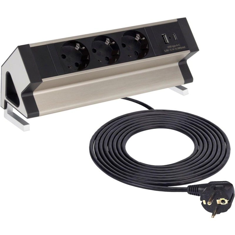 Aluminium surface-mounted socket 3-way, USB-A USB-C, clamp mounting