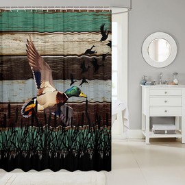 Homewish Countryside Duck Bathroom Curtain,Hunt Wild Animals Theme Shower Curtain Rustic Farmhouse Wood Stripes Waterproof Curtain for Kids Boys Adult Men Room Decor Vintage Green Brown Bath Curtain