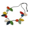Multicoloured Oval/Round Wood Bead with Black Cotton Cord Long Necklace