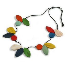 Multicoloured Oval/Round Wood Bead with Black Cotton Cord Long Necklace - 100cm L (Adjustable)