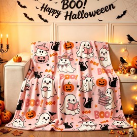 Halloween Pink Ghost Blanket Throw, Pumpkin Black Cat Throw Decor