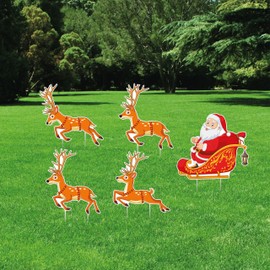 Santa and Sleigh Christmas Yard Sign Cutouts - Xmas Santa Claus, Reindeer, Vintage Holiday Winter Lawn Decorations Outdoor with Metal Stakes, VP3739