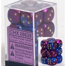 Chessex Dice d6 Sets: Gemini Blue & Purple with Gold - 16mm Six Sided Die (12) Block of Dice