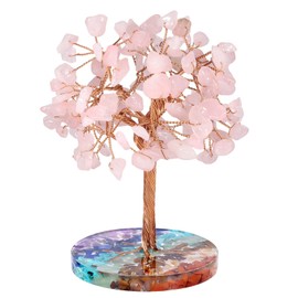 Nupuyai Rose Quartz Crystal Money Tree with 7 Chakra Base, Energy Healing Good Luck Tree Figurines Fengshui Crystals Ornament for Home Office Decor
