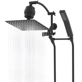 Hibbent All Metal 10'' Filtered Rainfall Shower Head with Handheld Combo, High Pressure Shower Wand, 16'' Adjustable Extension Arm, 20 Stage Shower Filter, 71'' Hose, 2 Shower Holders, Matte Black