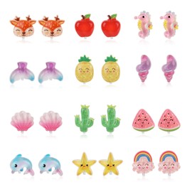 12 Pairs Clip On Earrings for Little Girls, Princess Clip Earrings Clip On Earring And Earring Set Non Pierced Earrings Dress up Jewelry Accessories for Toddler Kids (Fruit Animals)