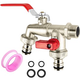 VLUVLA Double Garden Tap Kit, Brass Outdoor Tap with 1/2" Inlet and 2 Way 3/4" Outlets, Dual Hose Connector Garden Tap, Rustproof Outside Tap for Gar-den & Household Use