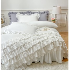 MOOWOO Waterfall Ruffle Duvet Cover Queen,3 Piece White Shabby Chic Bedding Solid Color Soft and Breathable with Zipper Closure & Corner Ties