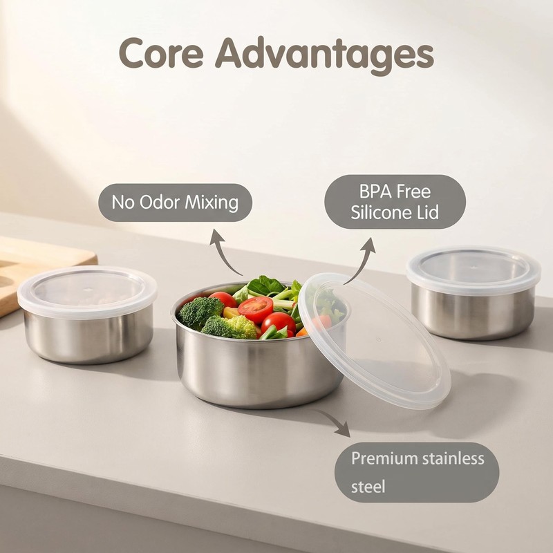 5 Pack Stainless Steel Food Storage Containers with Lids, Metal