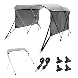 VEVOR 4 Bow / 3 Bow Bimini Tops, Detachable Mesh Sidewalls, 600D Polyester Canopy with 1" Aluminum Alloy Frame, Canvas Top for Boat Includes Storage Boot, 2 Support Poles, 2 Straps, Light Grey