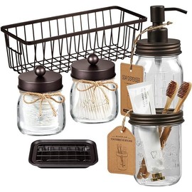 Mason Jar Bathroom Accessories Set (6PCS) Rustic Farmhouse Decor - Lotion Soap Dispenser, Toothbrush Holder, 2 Apothecary Jars(Qtip Holder), Soap Dish