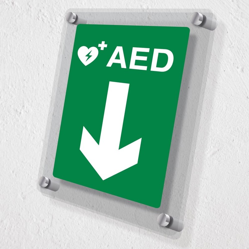 V Safety AED Arrow Down Automated External Defibrillator Acrylic Sign