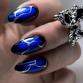 Press on Nails Medium Almond SWEKKE Fake Nails False Nails with Designs Blue & Black Gradient Silver Swirl Full Cover Glossy Glue on Nails Stick on Nails Acrylic Nails for Women Girls 24 Pcs