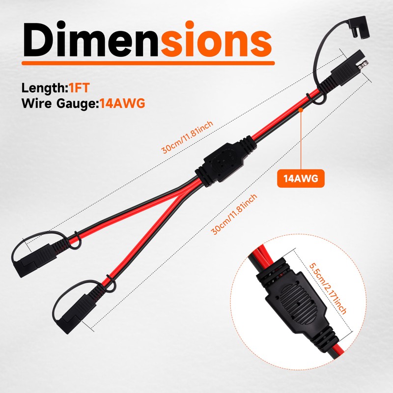 12 Inch 14AWG SAE Y Splitter 14 AWG 14 Gauge