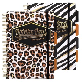 Pukka Pad, Wild B5 Hardback Project Books – Pack of 2 Wirebound Notebooks with Zebra and Leopard Print Design – Includes 4 Repositionable Dividers and Elasticated Closure