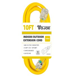 YOJOE 10 Foot 10/3 Lighted Outdoor Extension Cord - 10 Gauge 3 Prong SJTW Heavy Duty Yellow Extension Cable with 3 Prong Grounded Plug for Safety,UL Listed