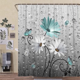 Xguatan Rustic Farmhouse Teal Floral Shower Curtain, Farm Teal Daisy Flowers and Butterfly Shower Curtain for Bathroom, Country Turquoise Gray Fabric Boho Shower Curtain Set with 12PCS Hooks, 70X70IN