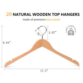 Amber Home 20 Pack Natural Wooden Shirt Hangers, Premiun Wood Coat Hangers Without bar, Clothes Hangers for Jacket, Bridal (Natural, 20)