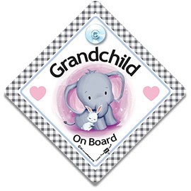 Grandchild On Board Car Sign, Elephant and Rabbit Grandchild On Board Sign, Baby on Board Sign with Suction Cup Attachment for Grandchildren on Board