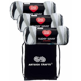 Red Heart Super Saver Newspaper Stripe E300-4153 (3-Skeins - Same Dye Lot) Worsted Medium #4 Acrylic Yarn for Crocheting and Knitting - Bundle with 1 Artsiga Crafts Project Bag