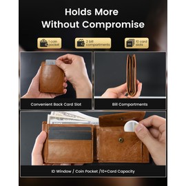Genuine Leather Wallet for Men - Top Grain & RFID Blocking - Men's Bifold Vintage Slim Front Pocket Wallets, ID Window 2 Cash Slots 10+ Card Holder with Minimalist Coin Pocket