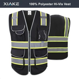XIAKE 9 Pockets High Visibility Safety Vest Black with 2 Inch Dual Tone Reflective Strips - Yellow Trim, Zipper Front, ANSI Standards, X-Large