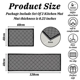 Kitchen Rug 2 Piece Set,Non-Slip Absorbent and Washable Runner Rug,Geometric Kitchen Floor Mat for Kitchen, Home, Office, Sink, Laundry (B-Black, 40x120cm+40x60cm)