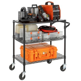 Finnhomy 3 Tier Heavy Duty Commercial Grade Utility Cart with Wood Top, Wire Rolling Cart with Wheels and Handle Bar, Kitchen Carts on Wheels, Metal Cart with 600 LBS Capacity, Black