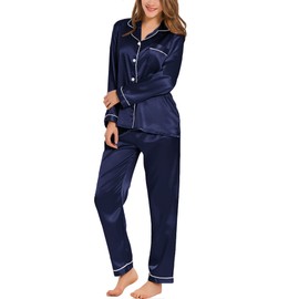 SWOMOG Satin Women's Pyjamas with Button Placket, Long Sleeve Sleepwear, Pyjamas Set, Two Piece Sleepwear Leisure Suit, navy