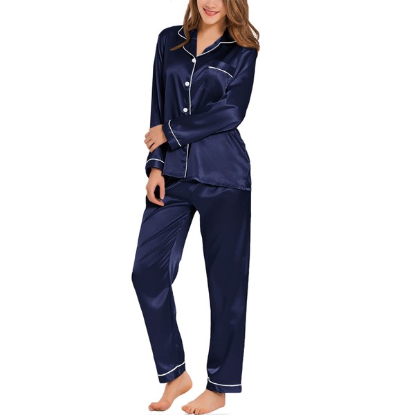SWOMOG Satin Women's Pyjamas with Button Placket, Long Sleeve Sleepwear,