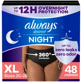 Always Discreet Adult Incontinence Overnight Underwear for Women, Extra Large, Up to 100% Bladder Leak Protection, 48 Count (3 Packs of 16)