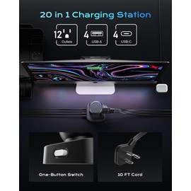 Tower Surge Protector Power Strip,12 AC Outlets & 8 USB Ports, Flat Plug 5FT Extension Cord with Multiple Outlets, 24W Outlet Extender Overload Protection for Home Office Room