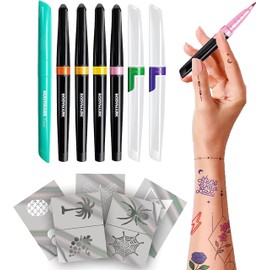 BIC BodyMark Expansion Pack Temporary Tattoo Marker for Skin, Premium Brush Tip, 6 Count Pack of Assorted Colors and Stencils, One Eraser Touch Up Pen, Skin-Safe Temporary Tattoo Markers Set