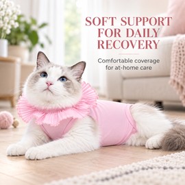 Cat Recovery Suit After Surgery, Anti-Lick Cat Onesie with Soft Ruffle Collar, Post-Operative Recovery Clothes for Spay Recovery, Sterilization Recovery Wear for Cats, Pink, S/M/L
