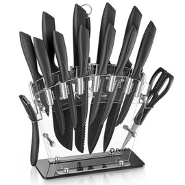 D.Perlla Knife Set 16 Piece High Carbon Stainless Steel, White Knife Set with Acrylic Holder and Serrated Steak Knife Block Kitchen - Color: Black