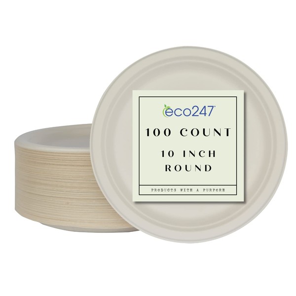 eco247 100% Compostable Round Plates [10" - 100 Count] Heavy Duty Bulk Disposable Plates | Eco-Friendly White Recyclable Plates | Biodegradable Natural 100% Sugar Cane Bagasse