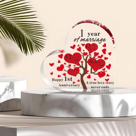 1st Wedding Heart Shaped Acrylic Plaque Present Ornament with Sayings for Wife Loved Special One Men Women Couple Parents Anniversary Souvenir Marriage Keepsake Home Decoration Gift