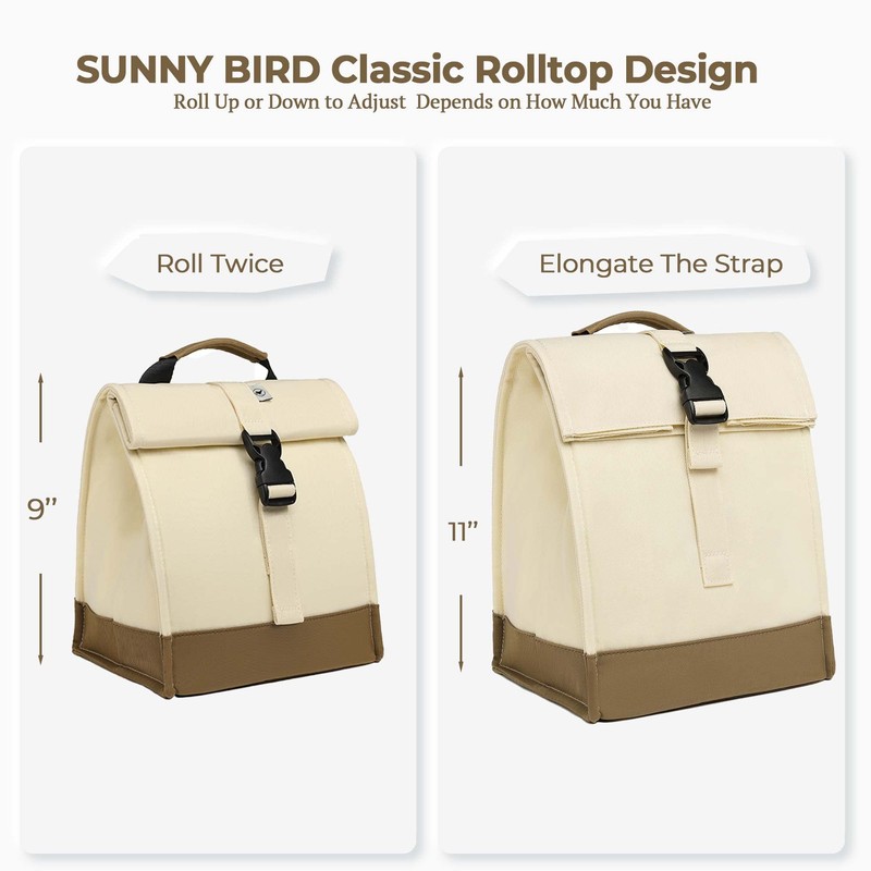 SUNNY BIRD Insulated Lunch Bag Rolltop Lunch Box Medium Lunch